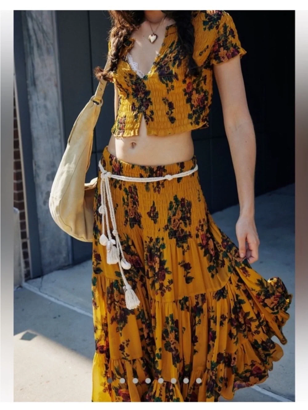 Mustard Floral Tiered Maxi Skirt  and top Women